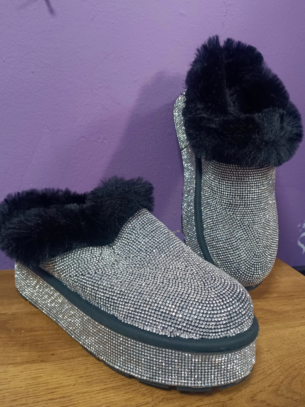 Crystal-Embellished Black Faux Fur Platform Slippers